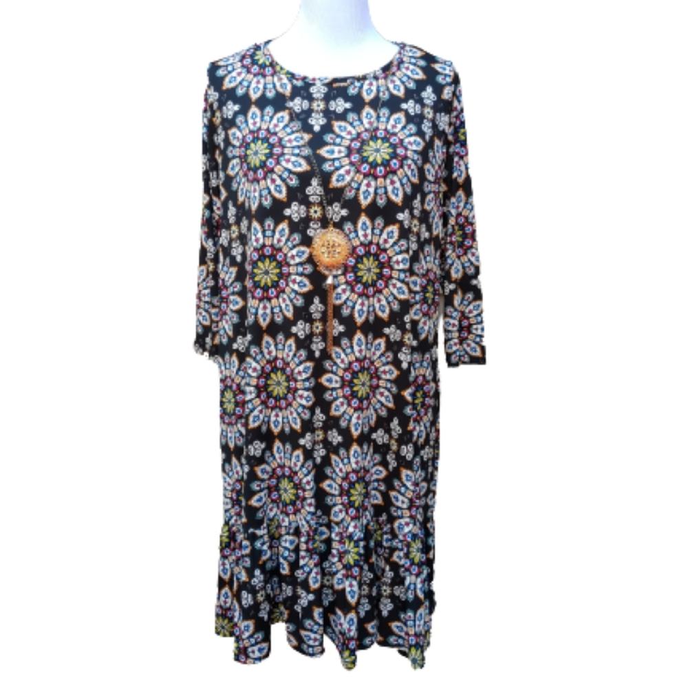 Tiffany & Grey Black Flounce Hem Dress Mixed Print Kaleidoscope Necklace NEW